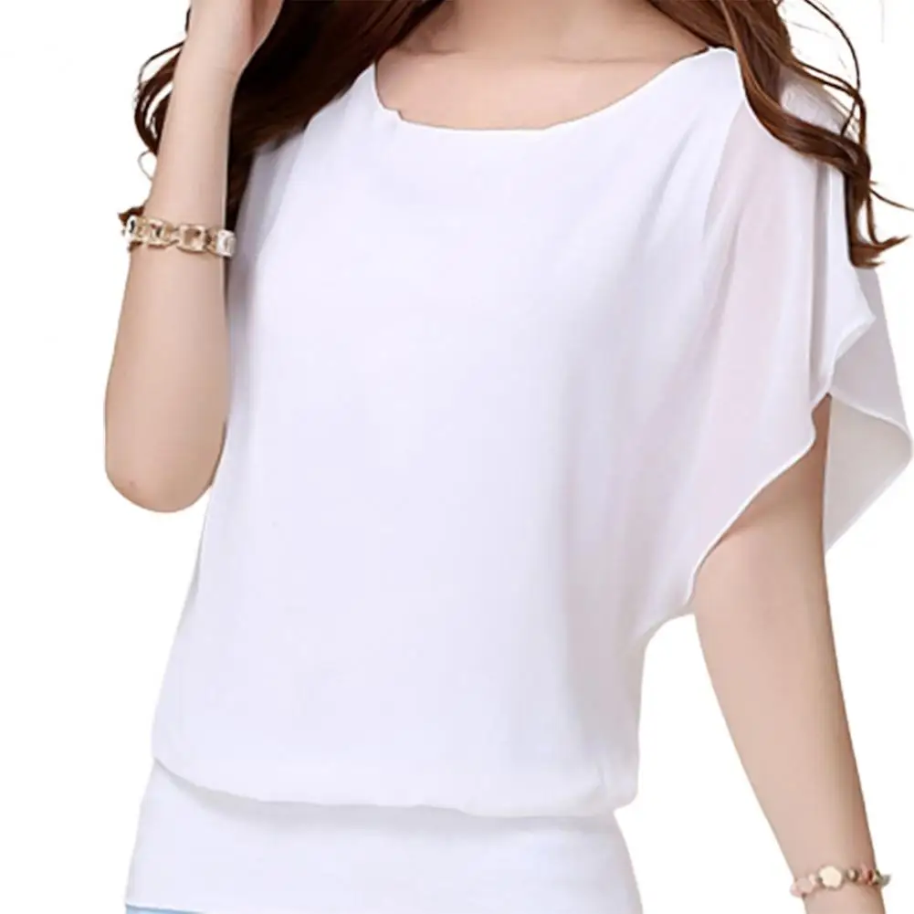 

Fashion T-shirt Women Top Solid Color Polyester O Neck Pullover Batwing Sleeve Ruffle Summer Top Women T-shirt Daily Garment