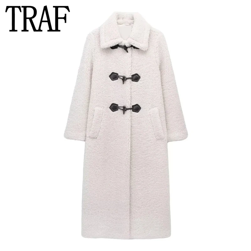 

Длинное женское пальто Тедди TRAF из искусственной овчины, плюшевая куртка, женское пушистое пальто с длинным рукавом, очень теплое зимнее женское пальто, 2023
