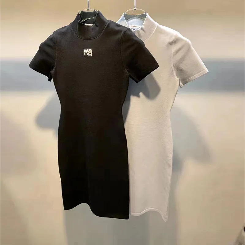

2022 Short-Sleeved Knitted Dress for Women Summer New Letters Embroidered Knitted Slimming Basic Body-con Mini Dress Lady Party