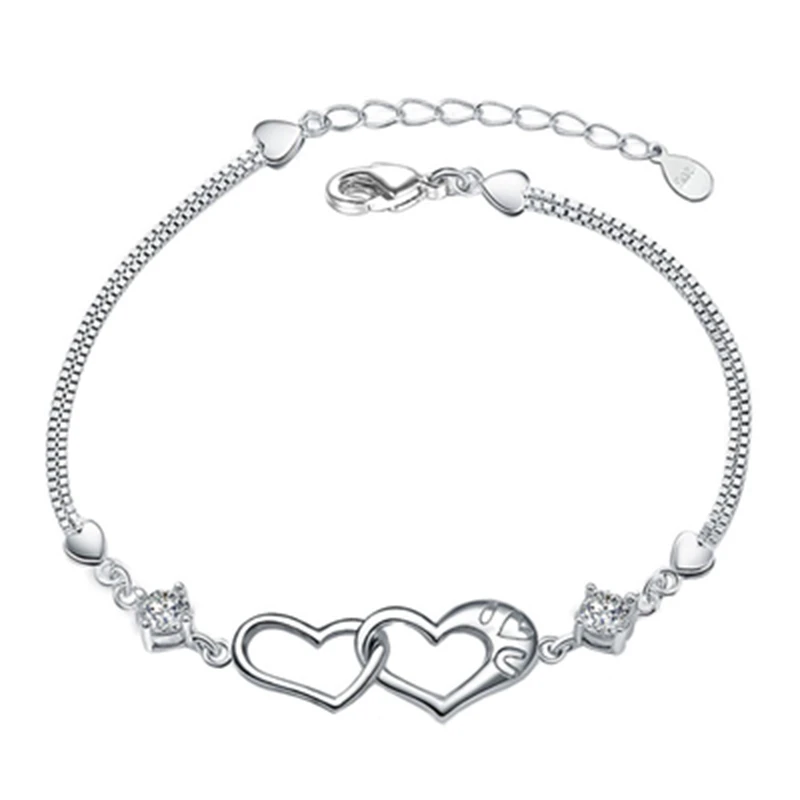 

New S925 Stamp Silver Women Bracelet Fashion Double Heart Bracelet High Quality Zircon Bangle Lover Birthday Valentine Day Gifts