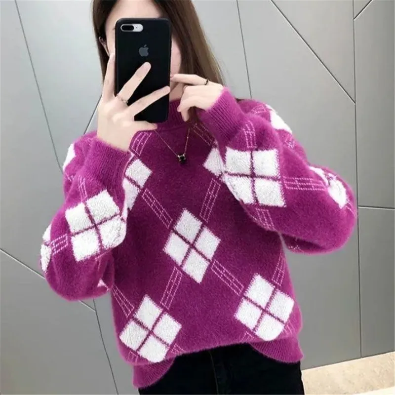 

2022 New Autumn Women's Fashion Half Sweater Turtleneck Loose Casual Patchwork Faux Mink Fur Cashmere Knitting Pullovers Retro
