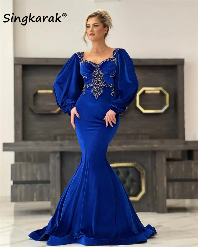 

Royal Blue Long Luxury Crytals Dubai Evening Dresses Puffy Sleeves Beads Prom Dress Vestidos De Mujer Weddings Party Dress