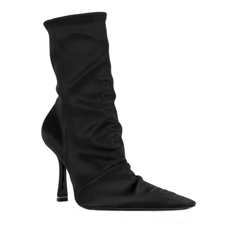 

Sexy Sock Boots Satin Embroidery Stretch Boots High Heels For Women Fashion Shoes Spring Autumn Ankle Boots for Female 7cm/9cm