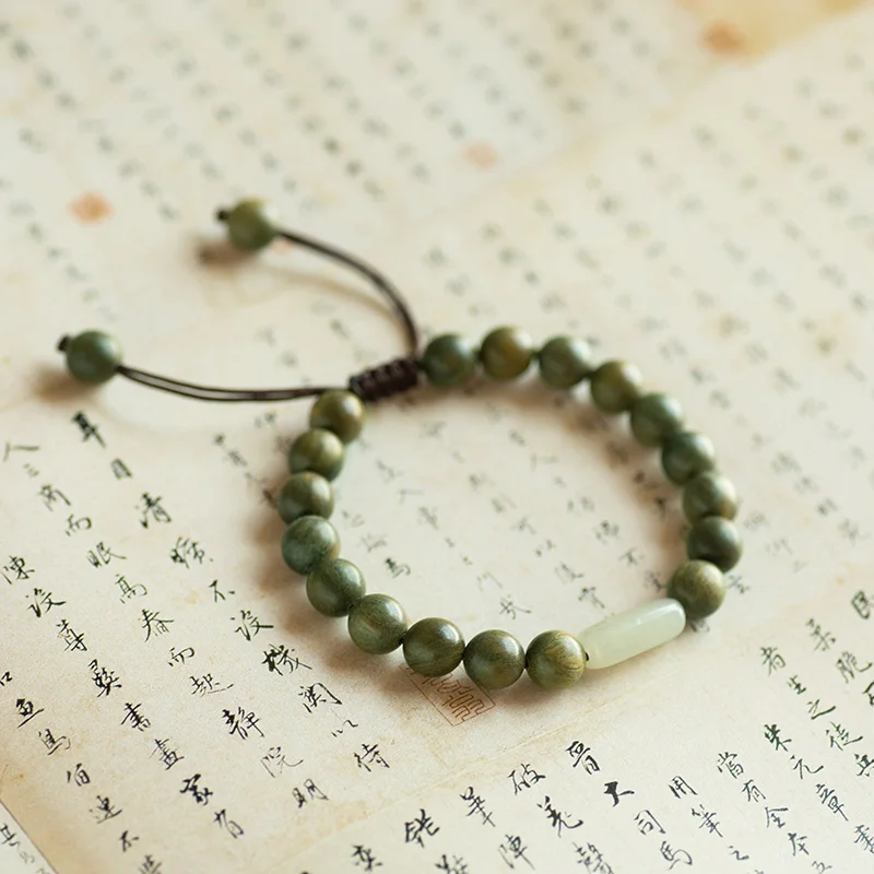 Hand-woven Rope Green Sandalwood Buddha Beads Bracelet Natural Jade Wooden Beaded Root Bracelets Handmade Jewelry Mala Unisex