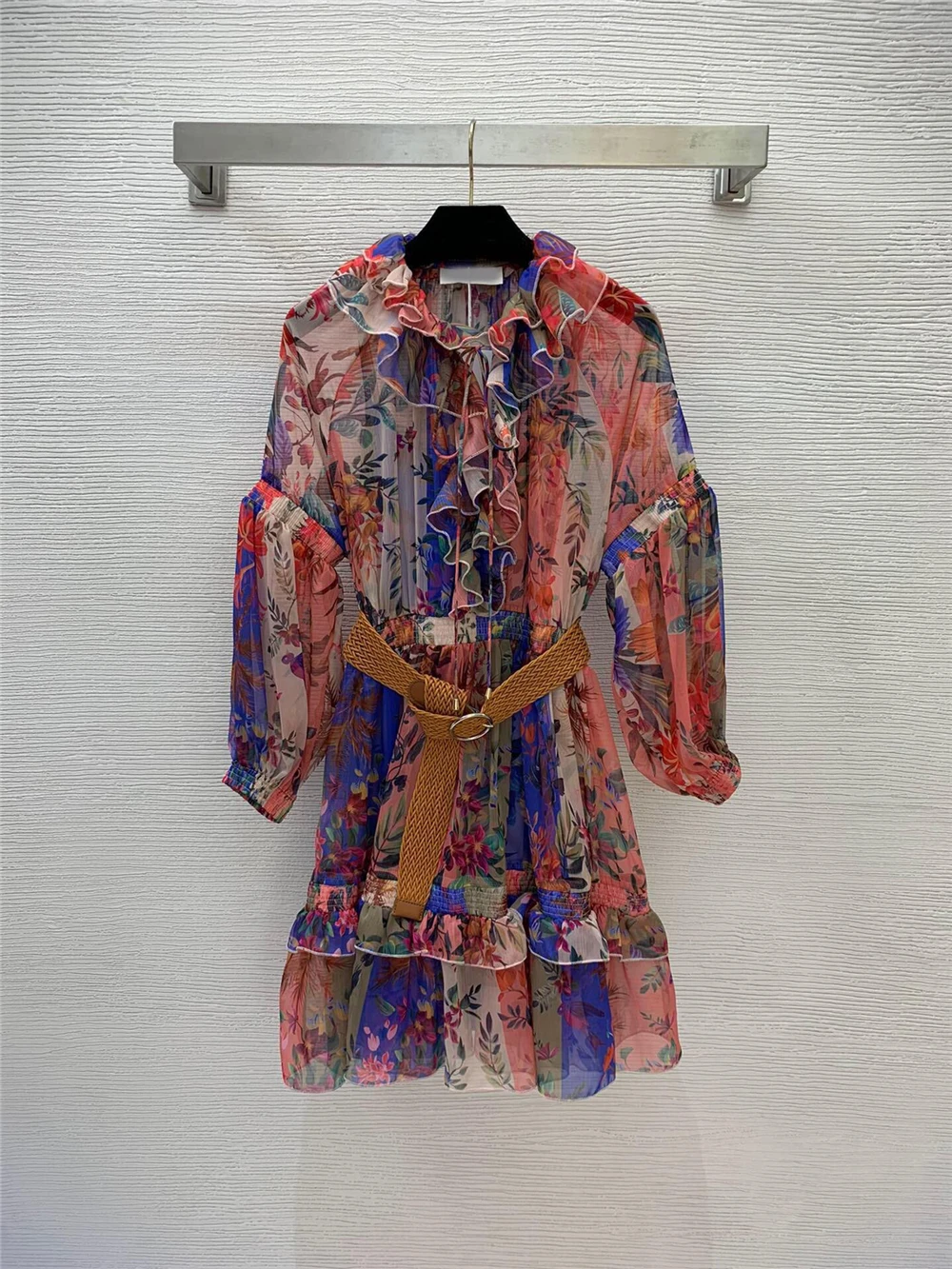 

2022 new women floral print ruffled collar belted long sleeve dress 2 piece sets imitation silk OL style Elegant Fashion Dress