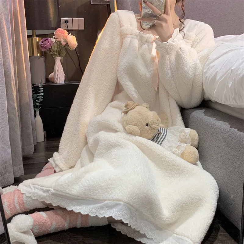 Girl Winter White Thin Thickened Nightgown Polyester Comfortable Square Collar Lace At Cuffs Leisure Wear With A Bow Decoration