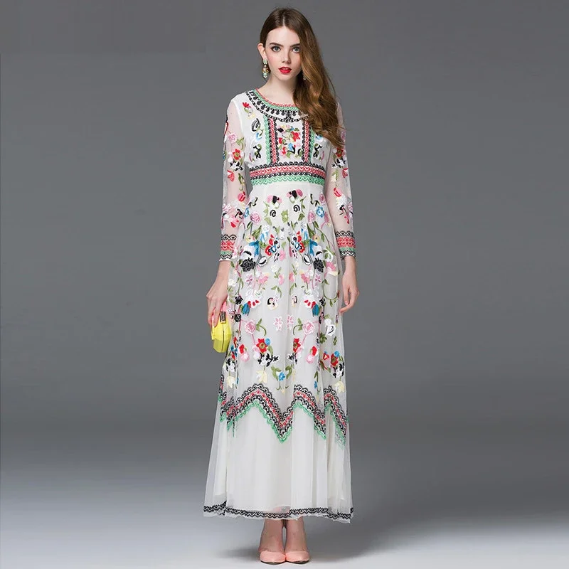 Fashion Designer High Quality Spring Women Long Sleeve Embroidery Mesh Flowers Casual Retro Elegant Dress