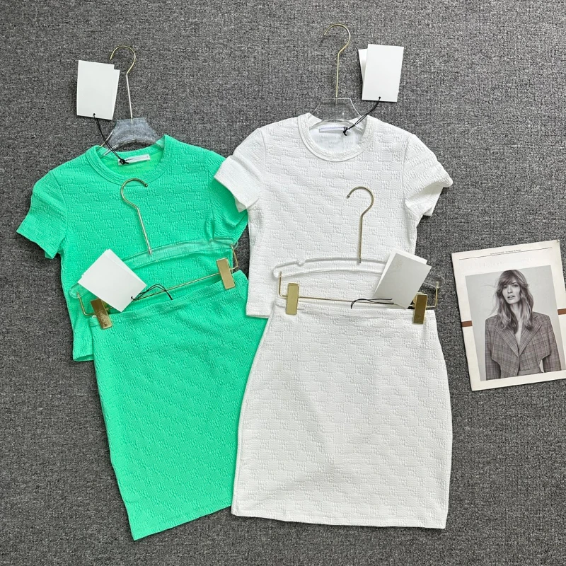 

148257 модная классическая модная роскошная дизайнерская текстурированная жаккардовая трикотажная облегающая футболка с коротким рукавом вязаная женская мини-юбка A2