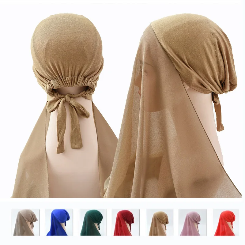 

New Design Easy Wear Masks Stretch Hijab Instant Scarf Women Bonnet With Chiffon Shawl With Buttons Cover Headwrap Turbante
