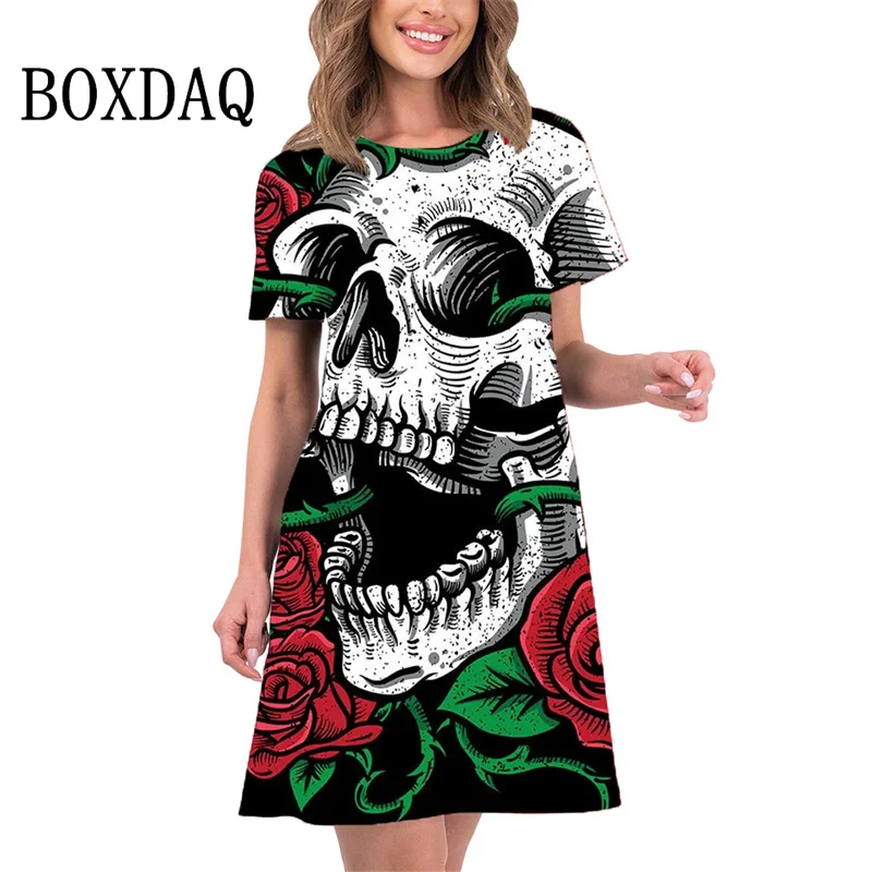 

Gothic Style Fashion 3D Skull Print Women Dress Streetwear Spring Summer Clothing Short Sleeve O-Neck Loose Mini Dress Vestidos