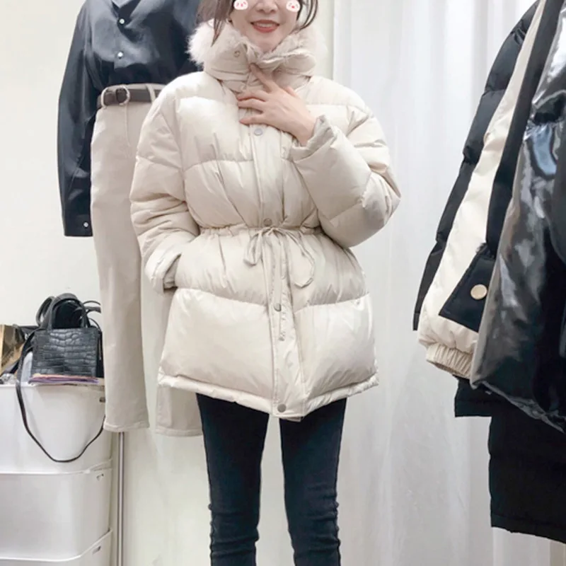 Winter New Lam Fur Collar 2021 Thick Small Western Chic Fashion Jacket Women's White Duck Down Ajustable Waist Coat Female