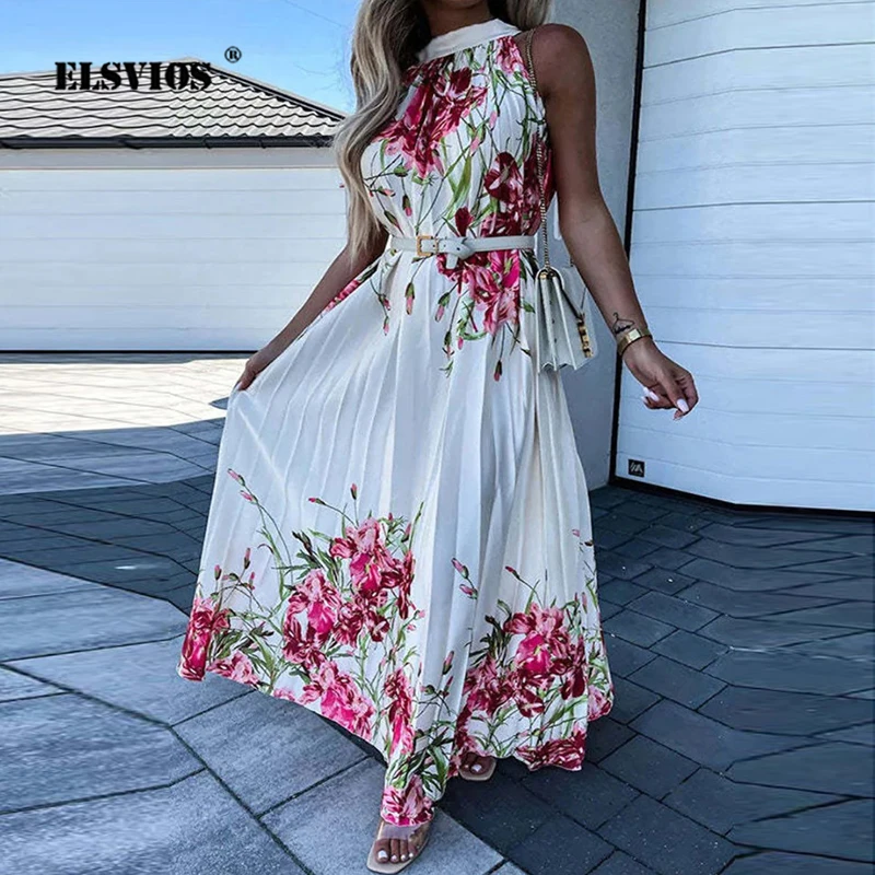 

Boho Elegant Pleated Dress Summer Ladies Stand Collar Sleeveless Off Shoulder Long Party Dress Autumn Floral Print Loose Dresses