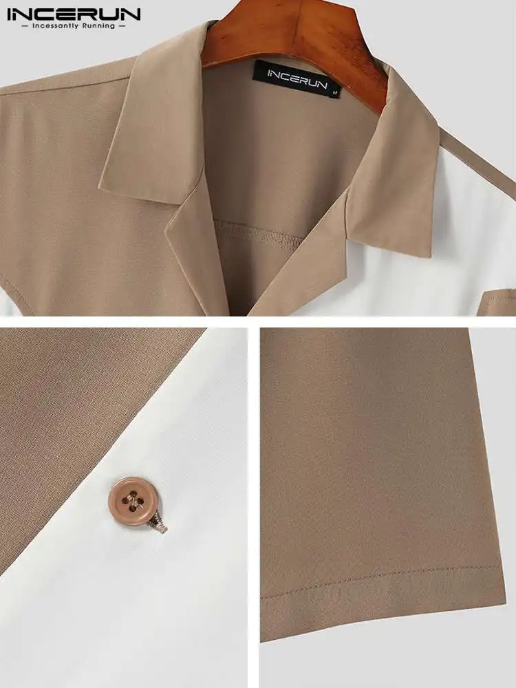 Fashion Casual Style Tops INCERUN Men Hot Sale Stitching Blouse Stylish Male Loose Comfortable Lapel Short-sleeved Shirts S-5XL