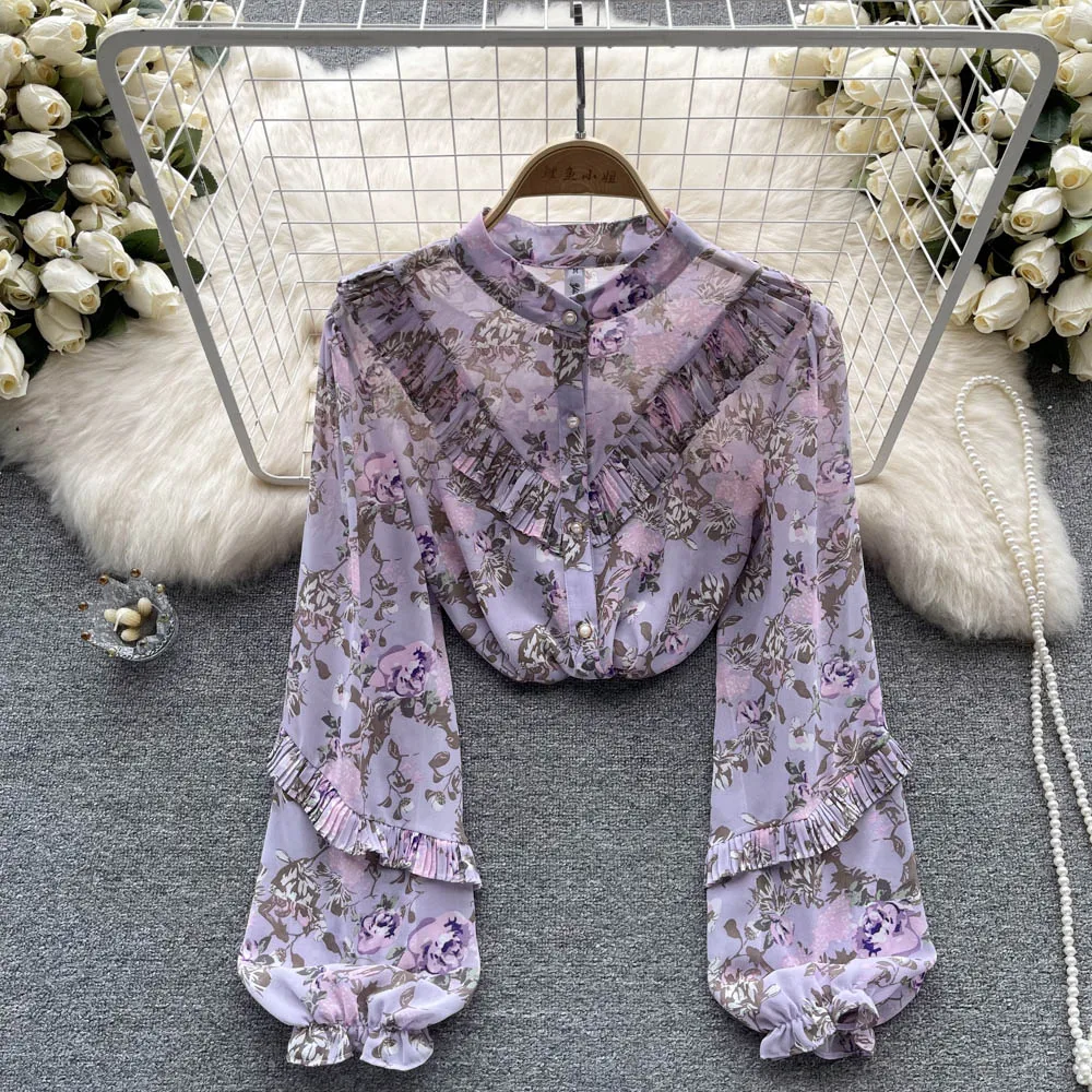 

Женская шифоновая блузка с воротником-стойкой, однобортная Милая рубашка из дробленого шифона с деревянными ушками, блузка с рукавами-фона...