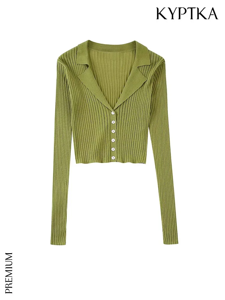 

KYPTKA Women Fashion Cropped Ribbed Knit Cardigan Sweater Vintage Long Sleeve Front Button Female Outerwear Chic Tops