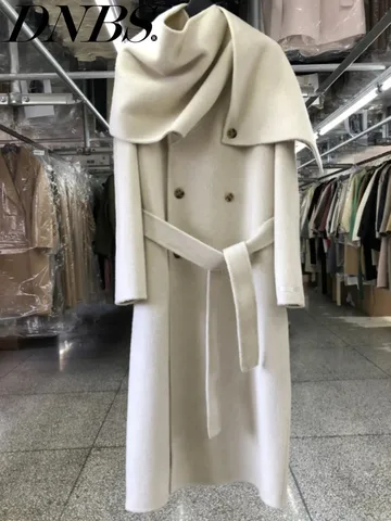 Кашемировое шерстяное пальто DNBS, модная длинная двубортная куртка с шарфом и воротником для женщин, 2024, осенне-зимняя новая коллекция