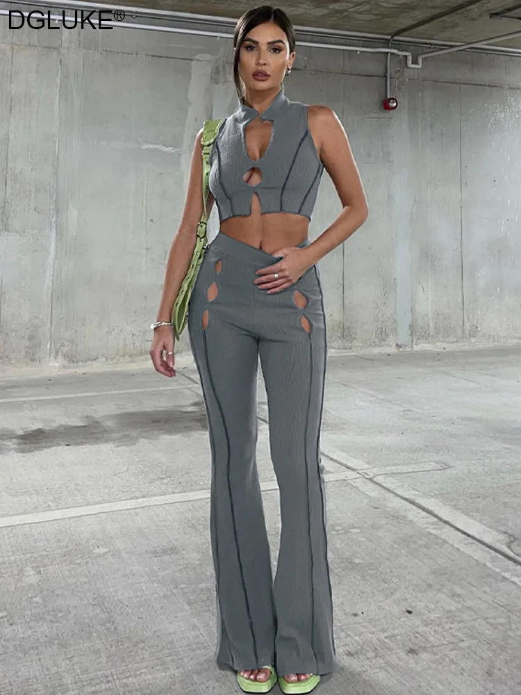 

Летний комплект из двух предметов, женский укороченный топ с вырезами и брюки, подходящие комплекты, модные сексуальные повседневные спорт...