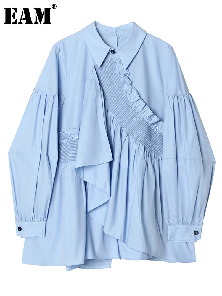 [EAM] Women Blue Irregular Pleated Casual Blouse New Lapel Long Sleeve Loose Fit Shirt Fashion Tide Spring Autumn 2022 1DE2127