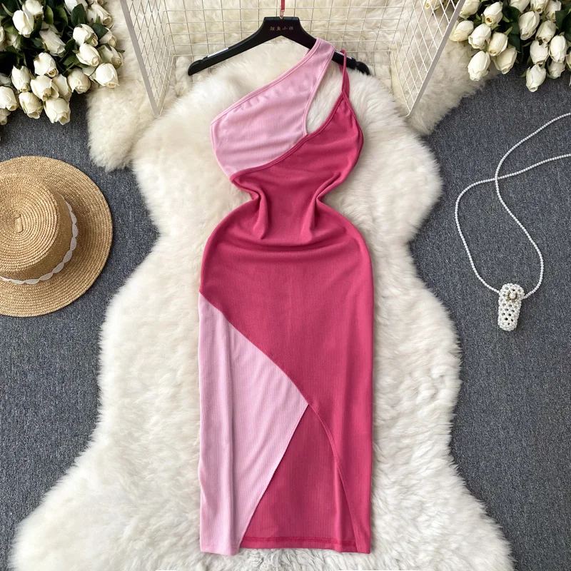 

Chic Diagonal Collar Aymmetrical Cut Out Bodycon Slit Dress Sexy Elegant Vestidos Birthday Evening Party Dress Women Clothing