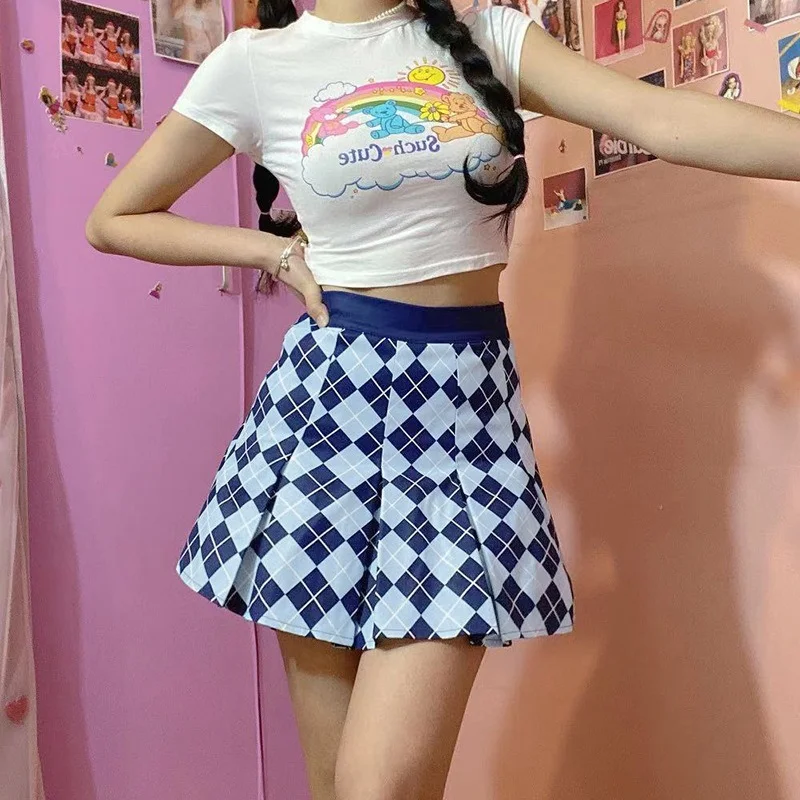 

Preppy Style Mini Skirts Women Sweet Girl Argyle Print High Waist Plaid Skirt 2023 Summer Cottagecore Cute Chic Sport Skirts New