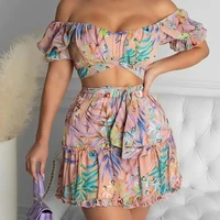 summer slim printed pleated suit women sexy short ruffle sleeve off shoulder backless slash neck short top lace up skirt suit