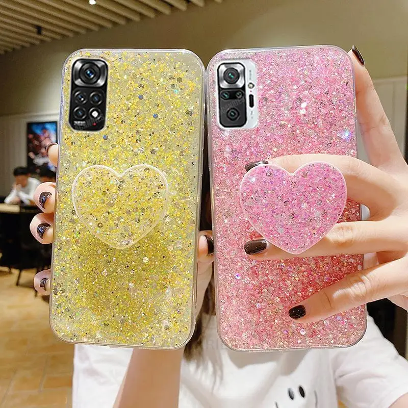 

Note11s Love Heart Glitter Holder Silicone Case On For Xiaomi Redmi Note 11 Pro Plus 11s 4g 5g 10 10s 9 9s Clear Stand Cover 10c