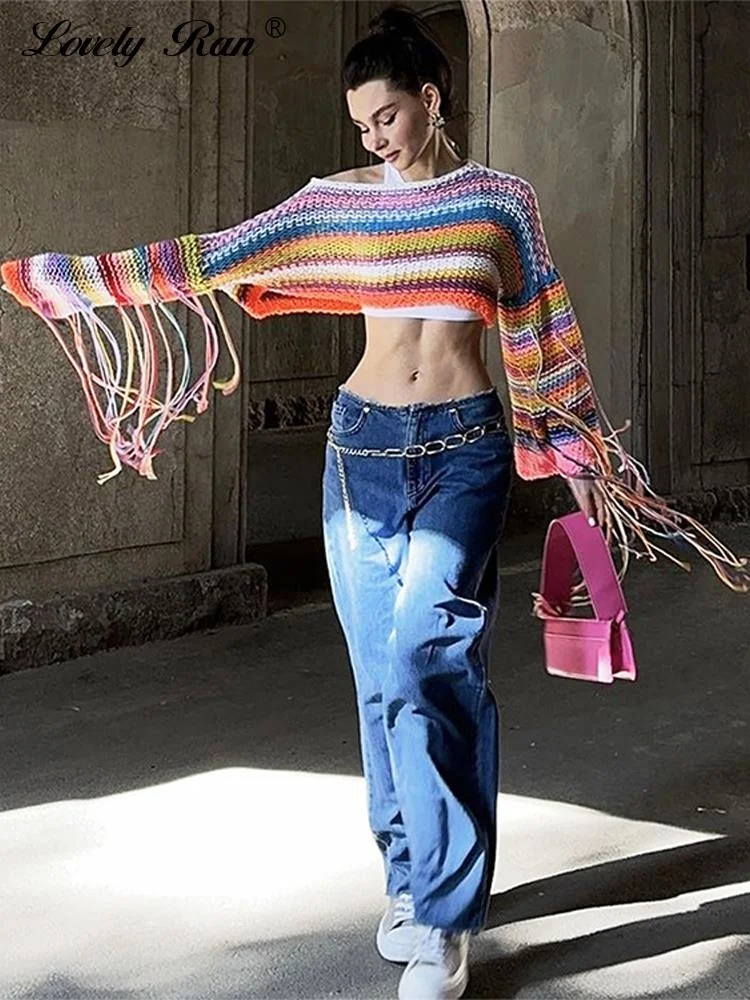 

Tassel Stripe Crop Top Women Sweater Loose Long Flare Sleeve Rainbow Female Pullover 2023 Autumn Sexy Off Shoulder Lady Jumper