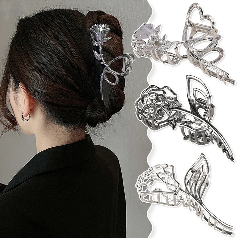 

New Women Metal Hair Claw Elegant Rose Floral Hair Clips Barrette Crab Headband Ponytail Clip Headwear Hair Accessories Tiara