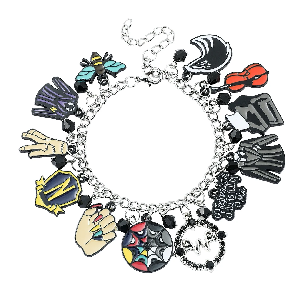 

New Movies Wednesday Adam Charm Bracelet Black Bead Horror Pendant Dangle Chain Bangle Jewelry for Women Girls Boys Fans Gifts