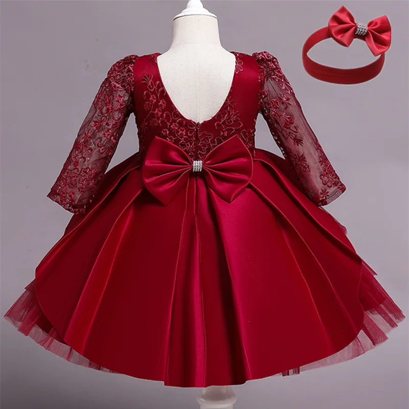

Vintage Baby Girl Birthday Red Tutu Princess Dress Kid Autumn Long Sleeve Christmas Prom Cloth Flower Girl New Year Lace Vestido