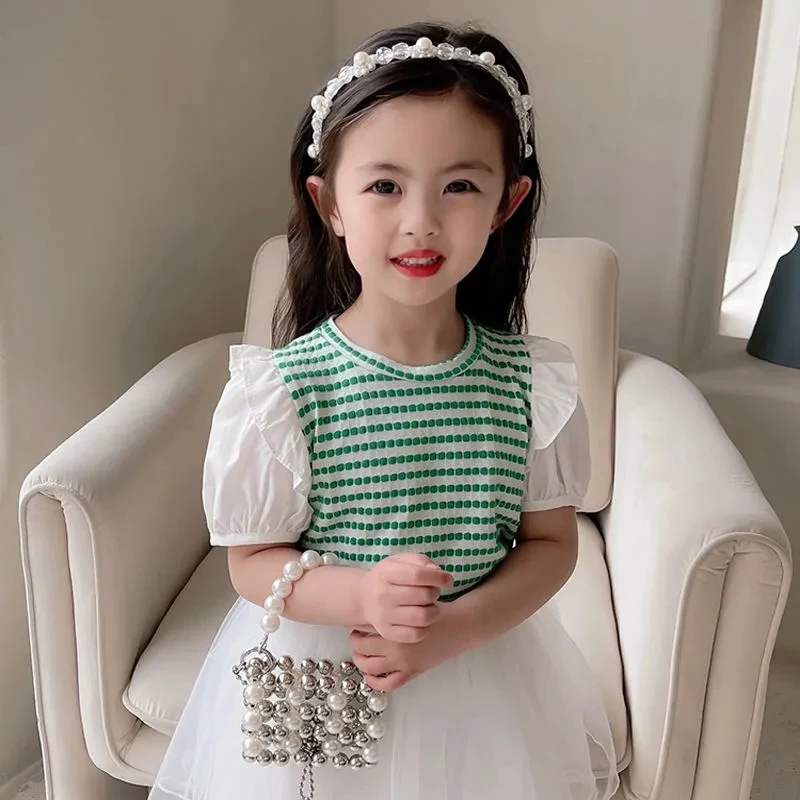 

Girls summer cotton clothes children's baby kids girls short sleeve T-shirts bubble sleeve tops striped cute t-shirts P4 714