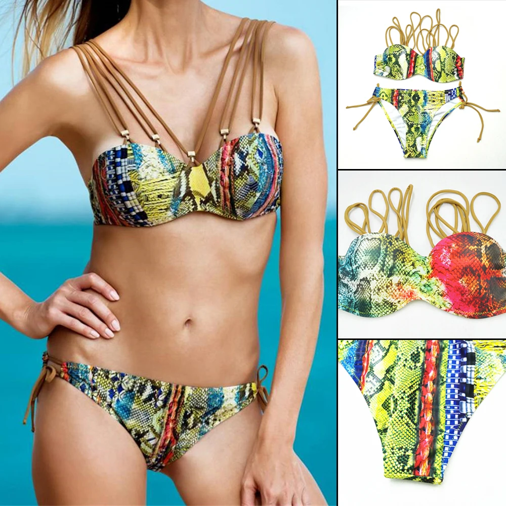 

Женский купальник из 2 предметов с нагрудными подушечками, сексуальное бикини, летний купальный костюм, тонкое нижнее белье для загара, кост...