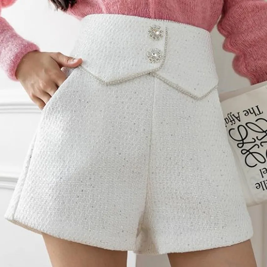 Small Fragrance Tweed Wool Sequined Shorts Women High Waist Autumn Winter Wide Leg Boots
