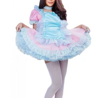 lockable gothic satin sissy dress pink and blue stitching shoulder fluffy back neck ring maid costume customization
