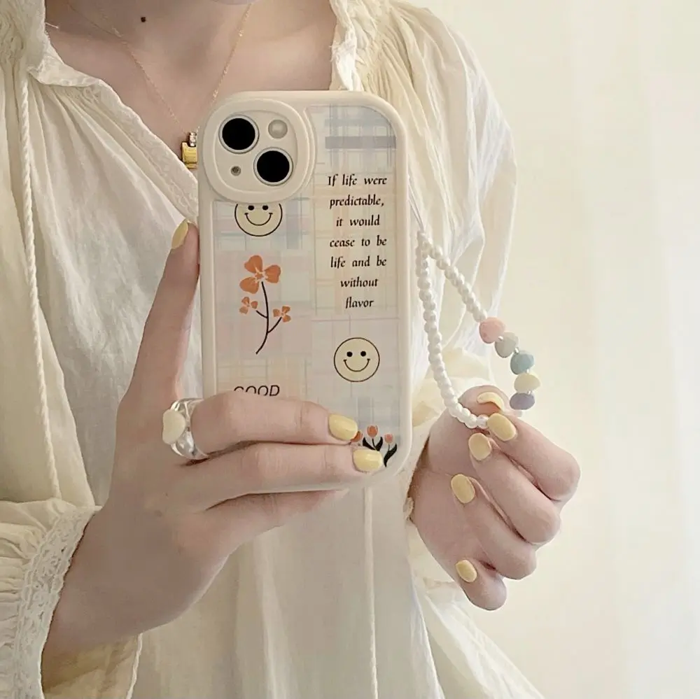 

Korea INS Smiley Lanyard Hand Strap Silicon Phone Case For iPhone 13 Pro Max 12 11 XS XR X Soft Cover Good Luck flower coque
