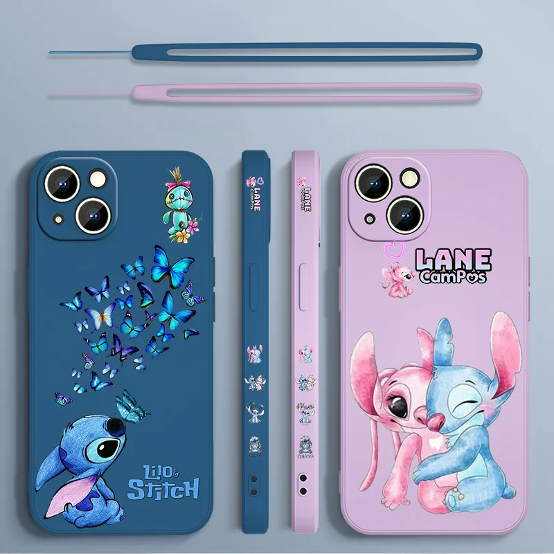 

Disney Stitch Butterfly Phone Case For Apple iPhone 14 13 12 mini 11 Pro 8 7 6S 6 Plus XR XS X Max Liquid Left Rope Cover