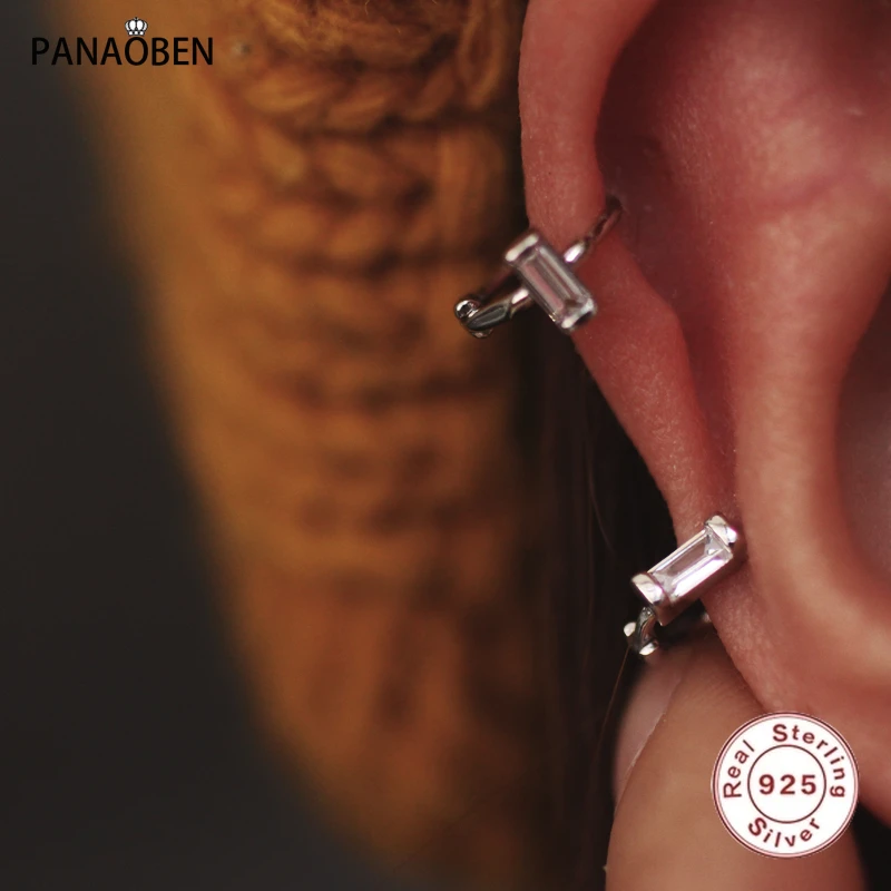 

PANAOBEN 925 Sterling Silver Hoop Earrings for Women Fashion Exquisite Square Crystal Zircon Geometric One Word Fine Ear Jewelry