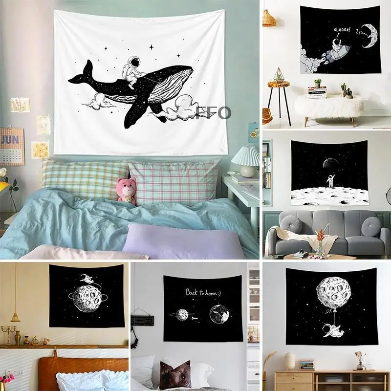 

Black And White Astronaut Tapestry Wall Hanging Travel Space Tapestries Children Starry Sky Dream Room Decor Bedroom Tablecloth