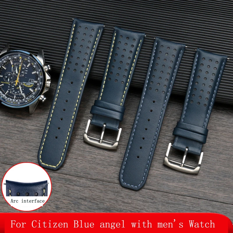 

For CITIZEN Blue Angel Men Radio Wave Watch AT8020-54L/8020-03L/JY8078 curved end Genuine Leather Watchband Bracelet Strap 22 23