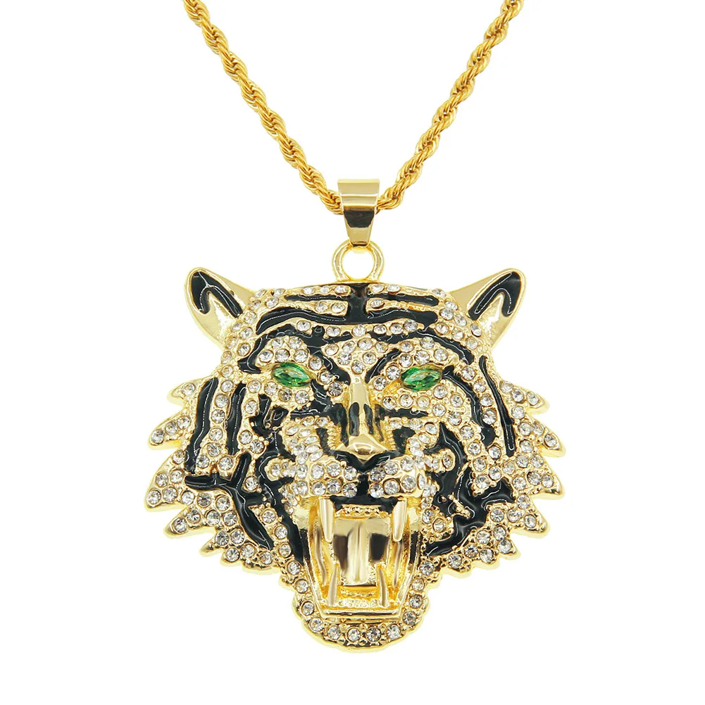 

Hip-hop Exaggerated Green-eyed Tiger Head Diamond Pendant Necklace Men Cool Nightclub Cisco Accessories Pendant