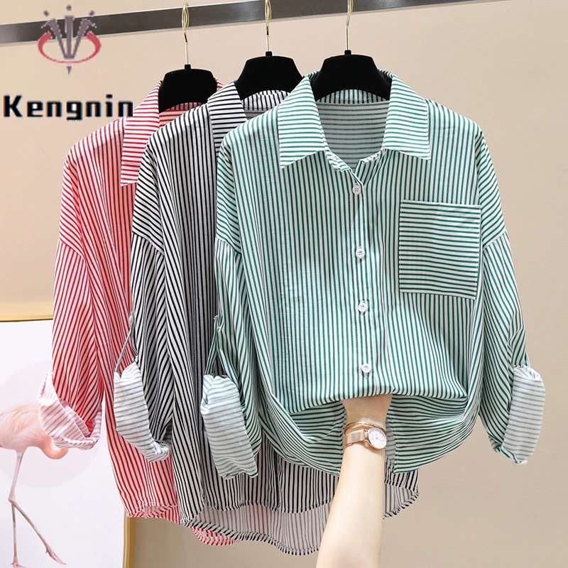 

Print Striped Women's Blouse and Shirts 2022 Summer Korean Fashion Loose Office Lady Work Blause Long Sleeve Female Tops KN442
