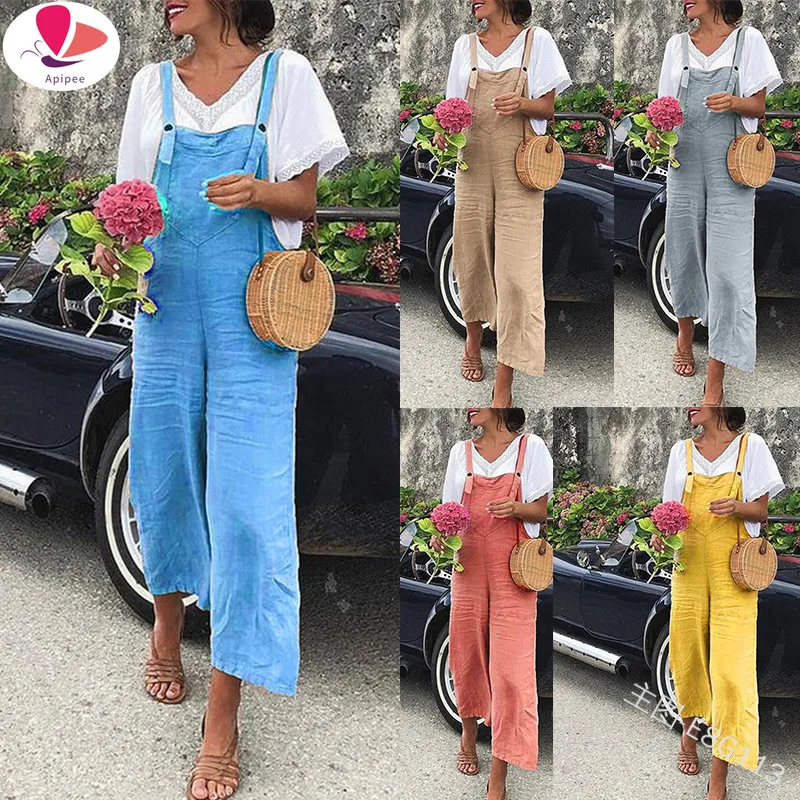 

Женские модные комбинезоны без рукавов на бретельках, летние широкие брюки, однотонные льняные комбинезоны, Женские повседневные длинные брюки, комбинезоны
