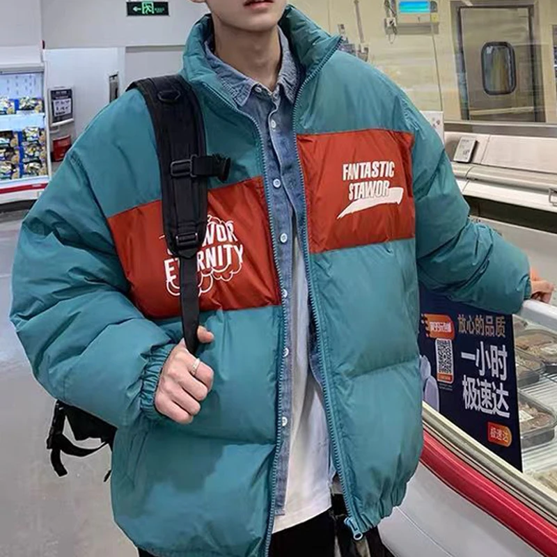 Autumn and Winter Stand Collar Down Jacket Men's High Street Printing Loose Casual Thick Cotton Jacket Women's Loose Windbreaker