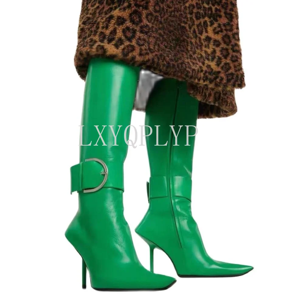 Retro Square Buckle Women's Boots 2022 Autumn New Knee-length Zipper Boots Stiletto Pointed Toe Banquet Shoes Size43 Boots