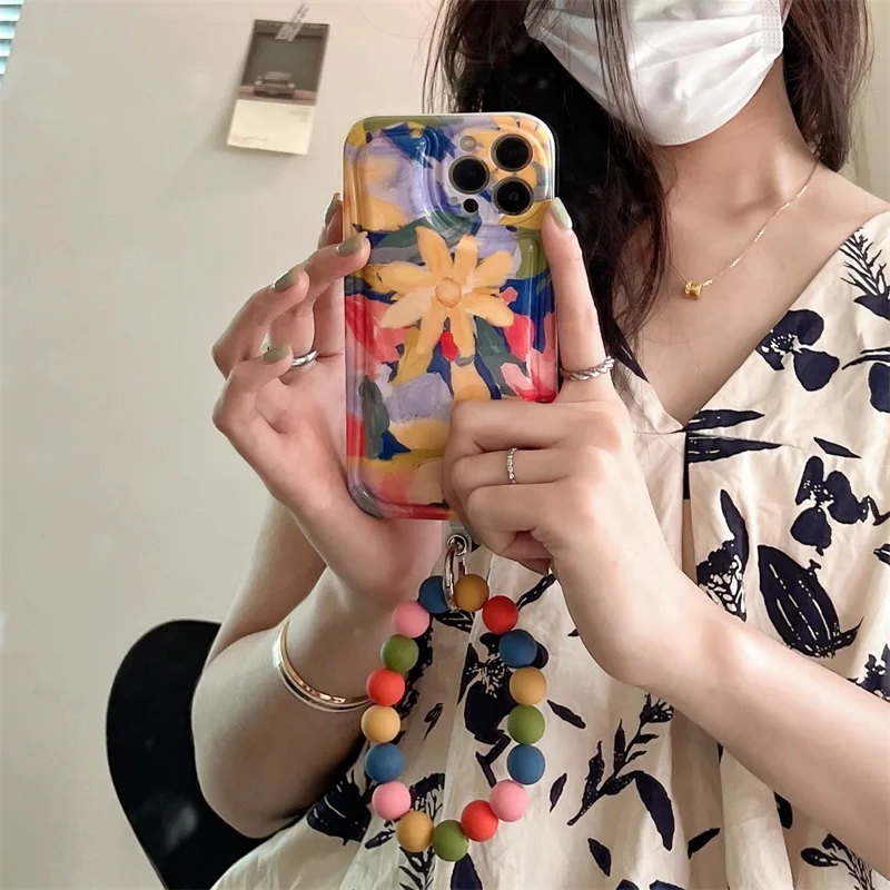 

Korean Retro Art Oil Painting Flowers Phone Case For IPhone 13 12 11 Pro Max XS XR X Colorful Beads Wrist Strap Chain Soft Cover