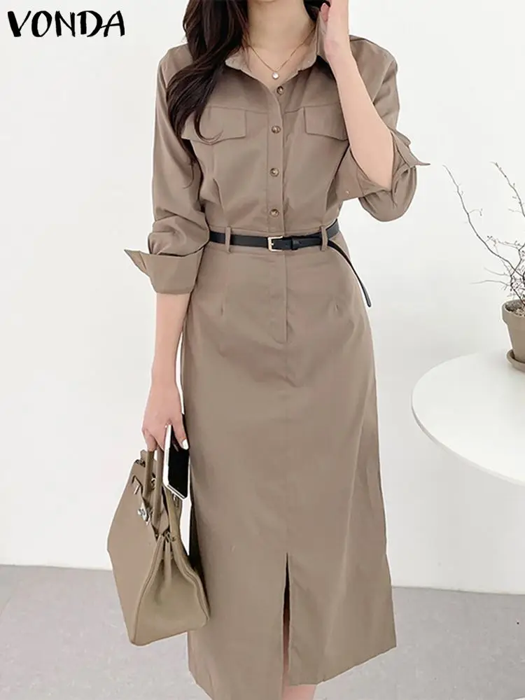 

VONDA Elegant Women Button Down Dress Summer Long Sleeve Long Shirt Sundress Robe 2023 Fashion Casual Solid Color Midi Vestidos