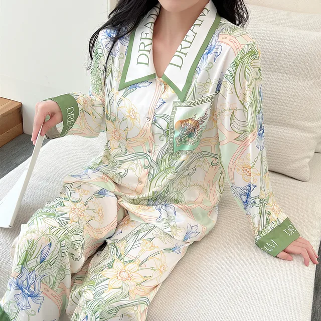Qsrocio high quality women's pajamas set luxury floral print lapel sleepwear silk like long sleeve homewear nightwear femme