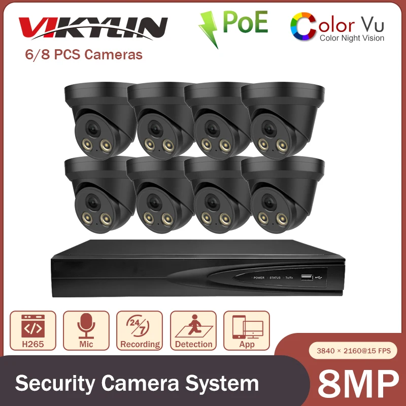 

VIKLYN Suveillance Camera System 8MP Full Color IP Webcam NVR Kit Built-in Mic Waterproof POE Security Videcam8CH Mobile Control