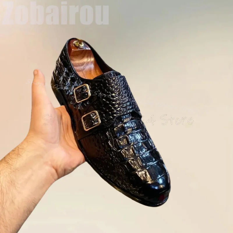 Черные крокодиловые декоративные двойные Мокасины с пряжкой и принтом Модные