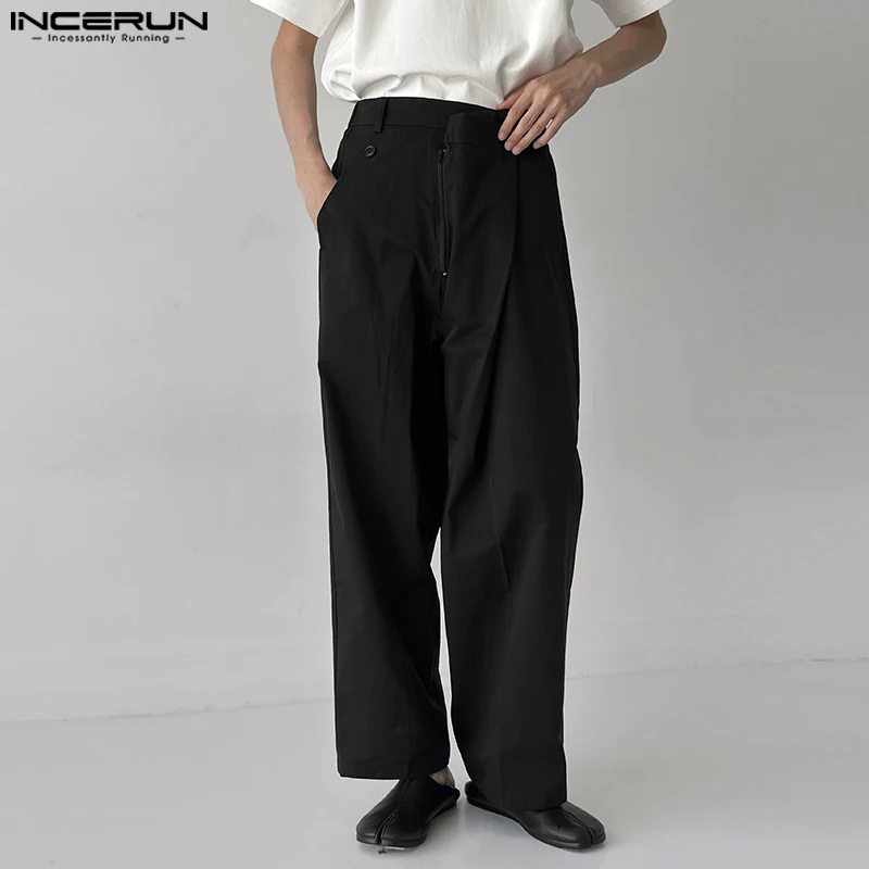 

INCERUN 2023 Men Irregular Pants Solid Color Joggers Casual Straight Trousers Men Streetwear Baggy Korean Style Long Pants S-5XL